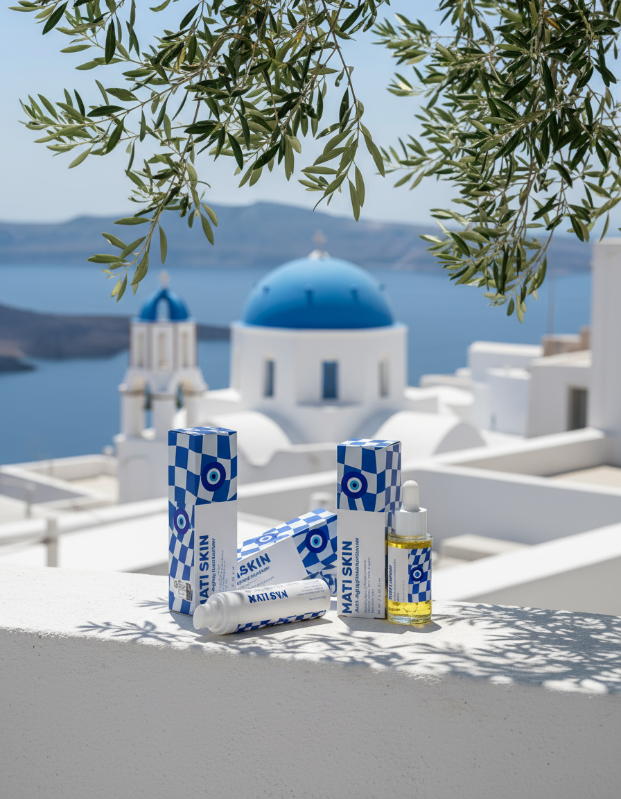 MATI SKIN on Greek terrace with blue dome