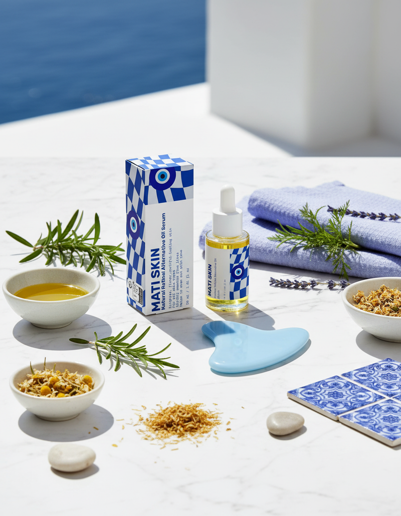 Santorini spa flat lay with updated oil serum